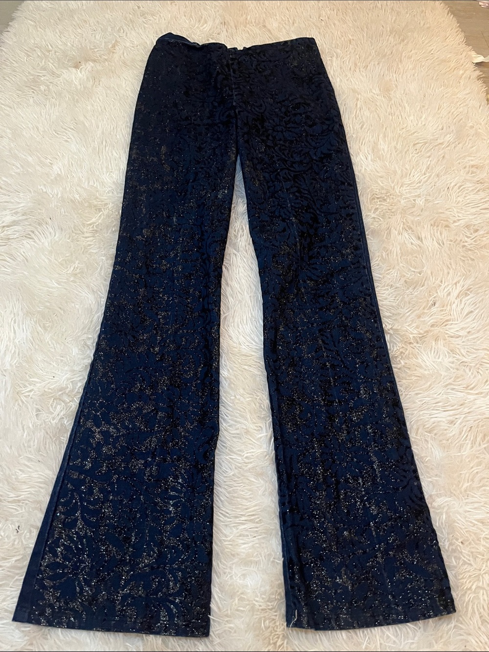 Vintage Glitter Floral Pull On Navy Denim Pants Medium